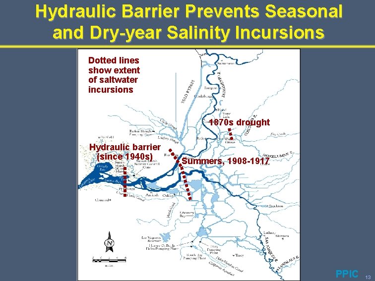 Hydraulic Barrier Prevents Seasonal and Dry-year Salinity Incursions Dotted lines show extent of saltwater