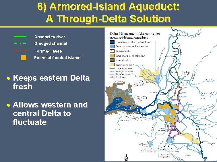 6) Armored-Island Aqueduct: A Through-Delta Solution Channel to river Dredged channel Fortified levee Potential