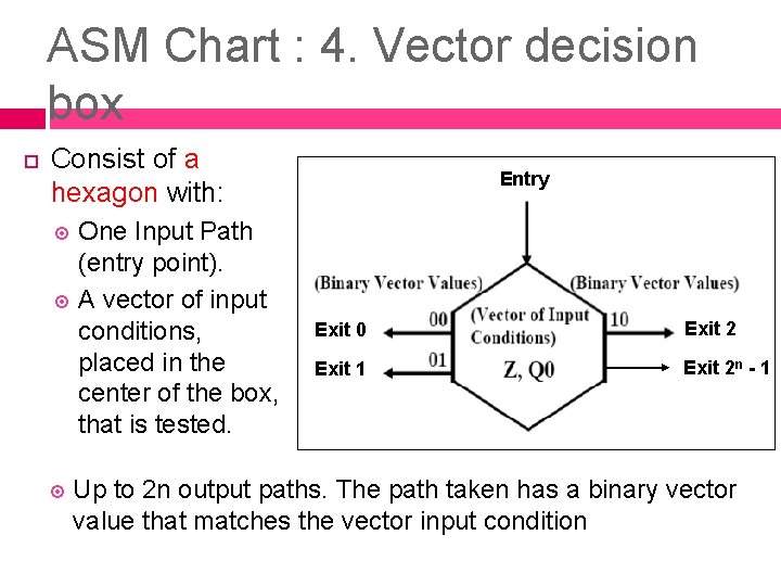 ASM Chart : 4. Vector decision box Consist of a hexagon with: One Input ASM Chart : 4. Vector decision box Consist of a hexagon with: One Input