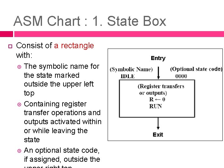 ASM Chart : 1. State Box Consist of a rectangle with: The symbolic name ASM Chart : 1. State Box Consist of a rectangle with: The symbolic name