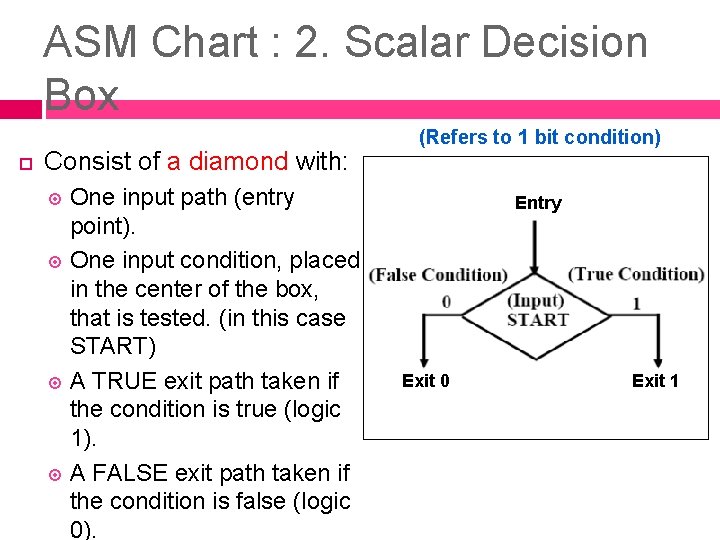 ASM Chart : 2. Scalar Decision Box Consist of a diamond with: One input ASM Chart : 2. Scalar Decision Box Consist of a diamond with: One input