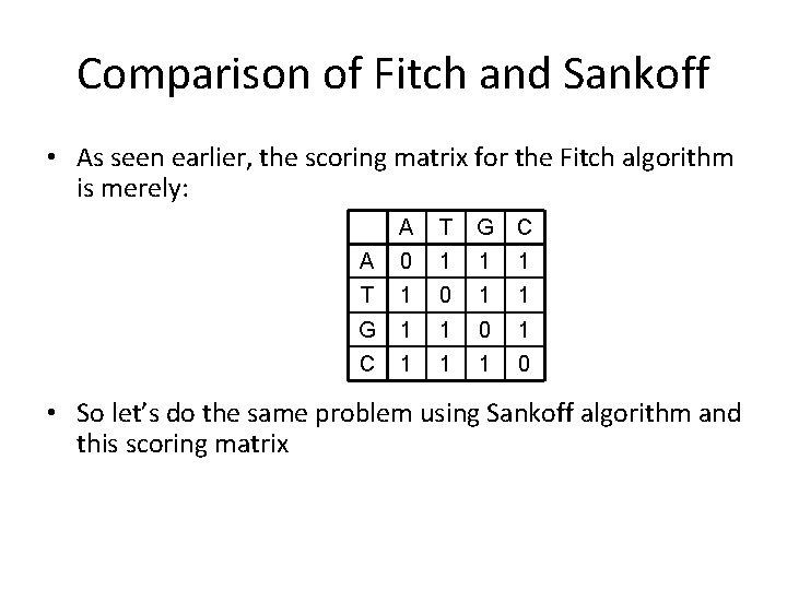 Comparison of Fitch and Sankoff • As seen earlier, the scoring matrix for the