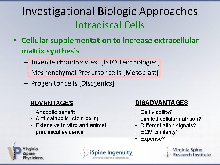 Investigational Biologic Approaches Intradiscal Cells • Cellular supplementation to increase extracellular matrix synthesis –