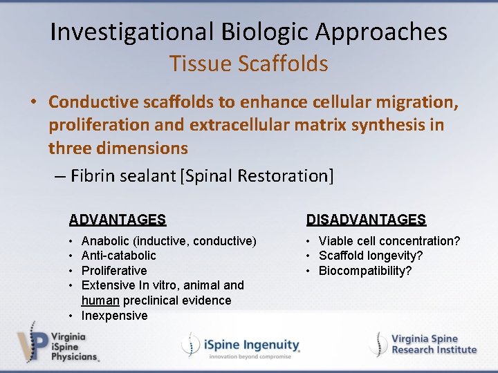 Investigational Biologic Approaches Tissue Scaffolds • Conductive scaffolds to enhance cellular migration, proliferation and