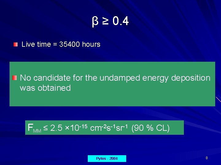 β ≥ 0. 4 Live time = 35400 hours No candidate for the undamped