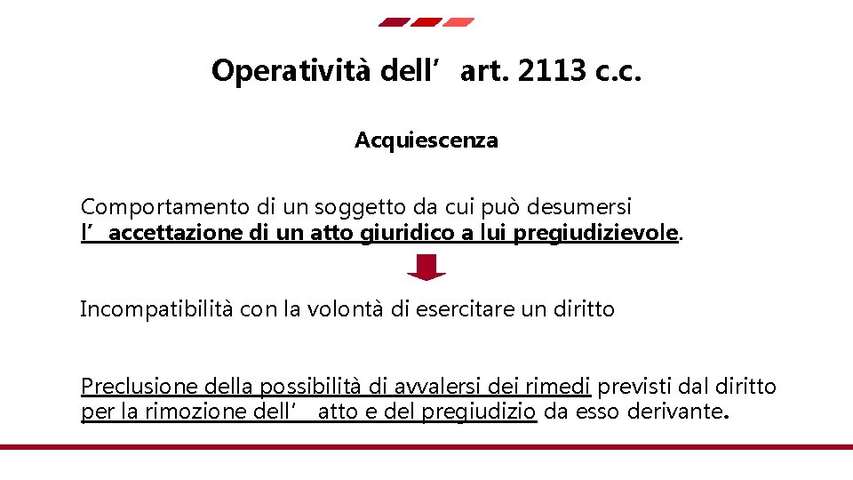 Operatività dell’art. 2113 c. c. Acquiescenza Comportamento di un soggetto da cui può desumersi