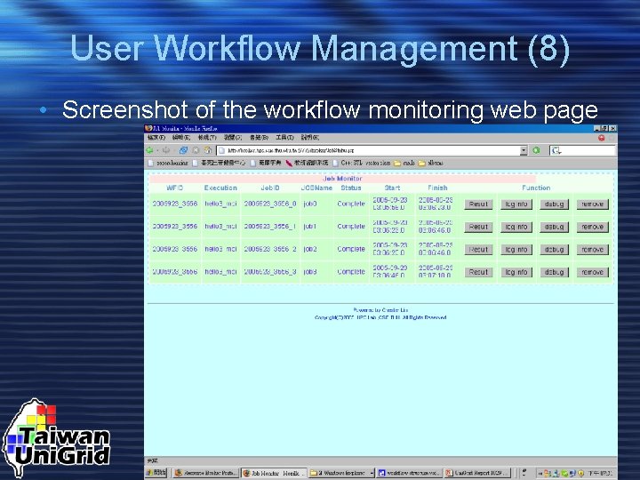 User Workflow Management (8) • Screenshot of the workflow monitoring web page 