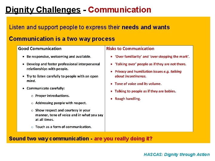 Dignity Challenges - Communication Listen and support people to express their needs and wants