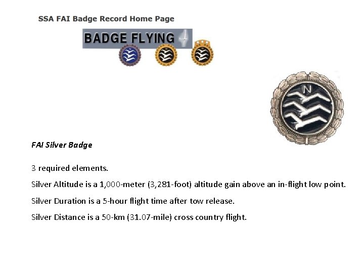 FAI Silver Badge 3 required elements. Silver Altitude is a 1, 000 -meter (3,