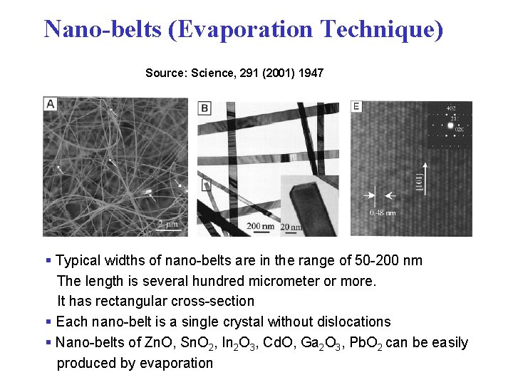 Nano-belts (Evaporation Technique) Source: Science, 291 (2001) 1947 § Typical widths of nano-belts are