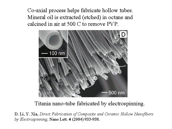 Co-axial process helps fabricate hollow tubes. Mineral oil is extracted (etched) in octane and