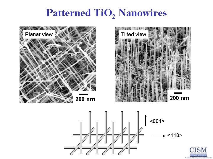 Patterned Ti. O 2 Nanowires Planar view Tilted view <001> <110> 