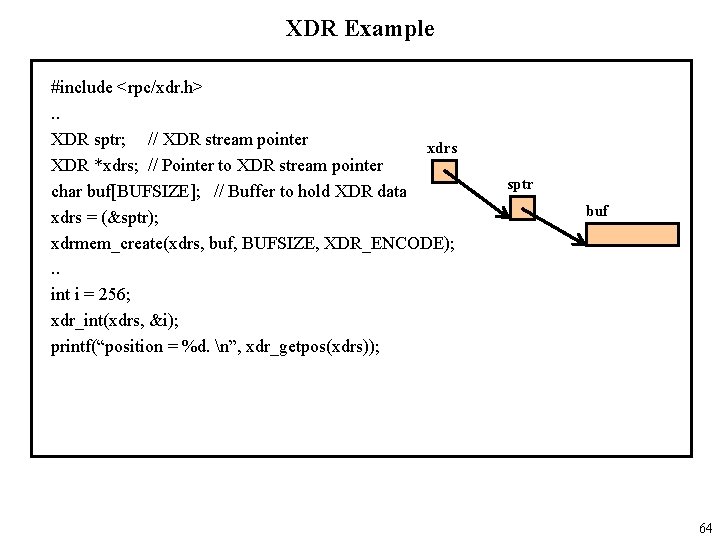 XDR Example #include <rpc/xdr. h>. . XDR sptr; // XDR stream pointer xdrs XDR
