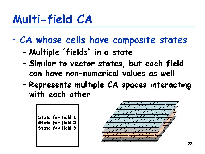 Multi-field CA • CA whose cells have composite states – Multiple “fields” in a