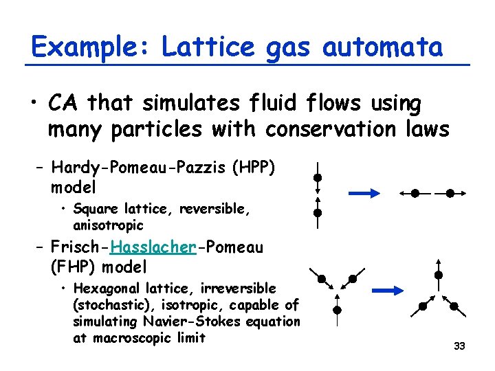 Example: Lattice gas automata • CA that simulates fluid flows using many particles with