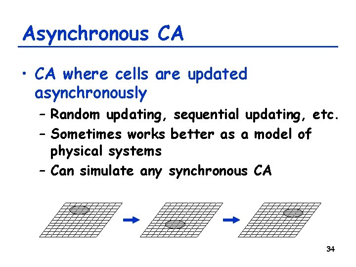 Asynchronous CA • CA where cells are updated asynchronously – Random updating, sequential updating,
