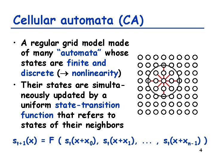 Cellular automata (CA) • A regular grid model made of many “automata” whose states