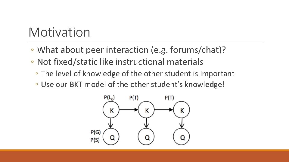 Motivation ◦ What about peer interaction (e. g. forums/chat)? ◦ Not fixed/static like instructional Motivation ◦ What about peer interaction (e. g. forums/chat)? ◦ Not fixed/static like instructional