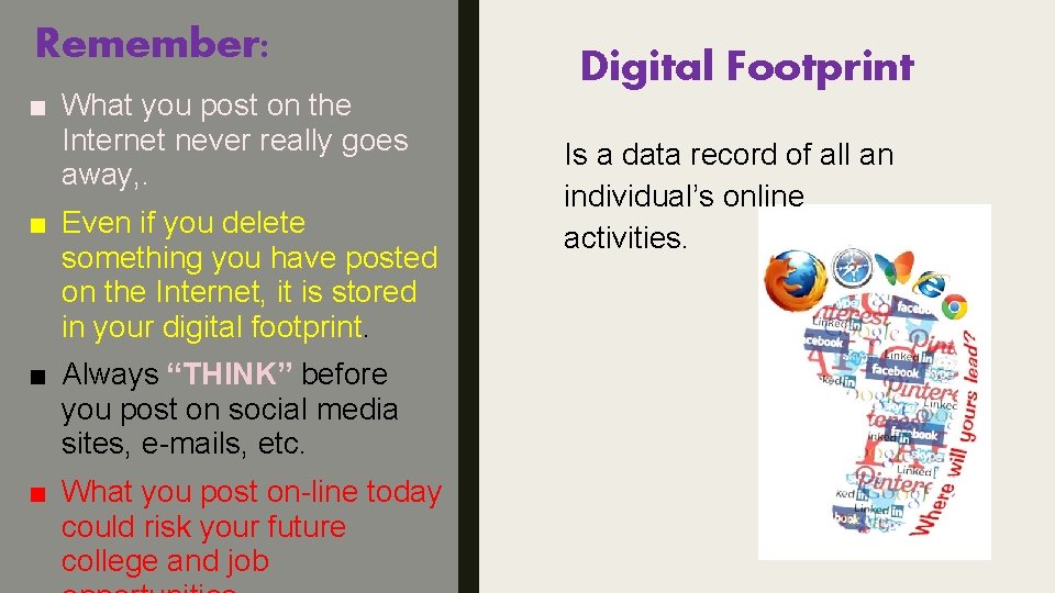 Remember: ■ What you post on the Internet never really goes away, . ■