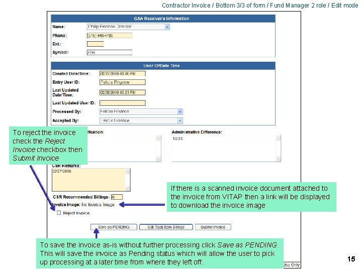 Contractor Invoice / Bottom 3/3 of form / Fund Manager 2 role / Edit