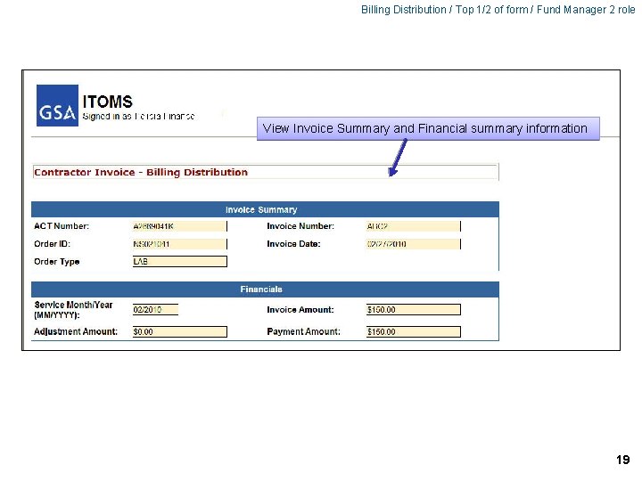 Billing Distribution / Top 1/2 of form / Fund Manager 2 role View Invoice