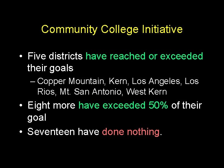 Community College Initiative • Five districts have reached or exceeded their goals – Copper