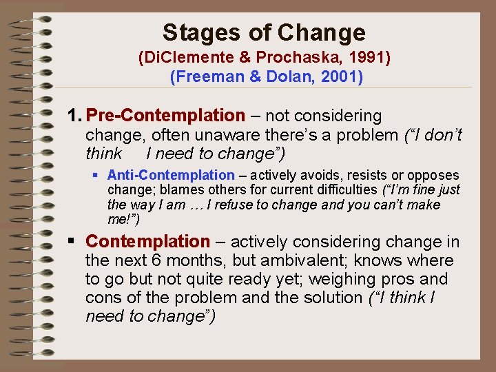 Stages of Change (Di. Clemente & Prochaska, 1991) (Freeman & Dolan, 2001) 1. Pre-Contemplation
