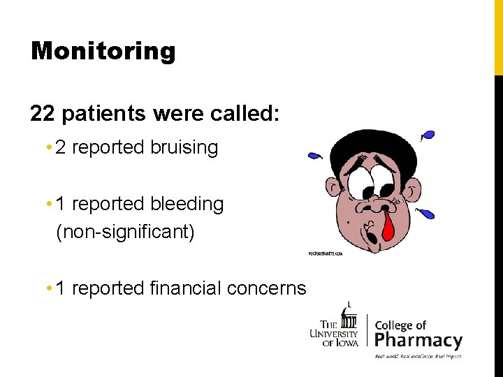 Monitoring 22 patients were called: • 2 reported bruising • 1 reported bleeding (non-significant)