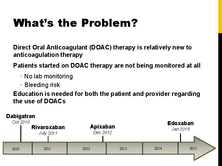 What’s the Problem? Direct Oral Anticoagulant (DOAC) therapy is relatively new to anticoagulation therapy