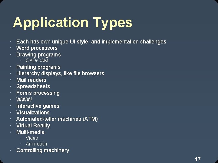 Application Types Each has own unique UI style, and implementation challenges Word processors Drawing