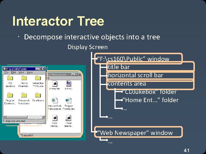 Interactor Tree Decompose interactive objects into a tree Display Screen “F: cs 160Public” window