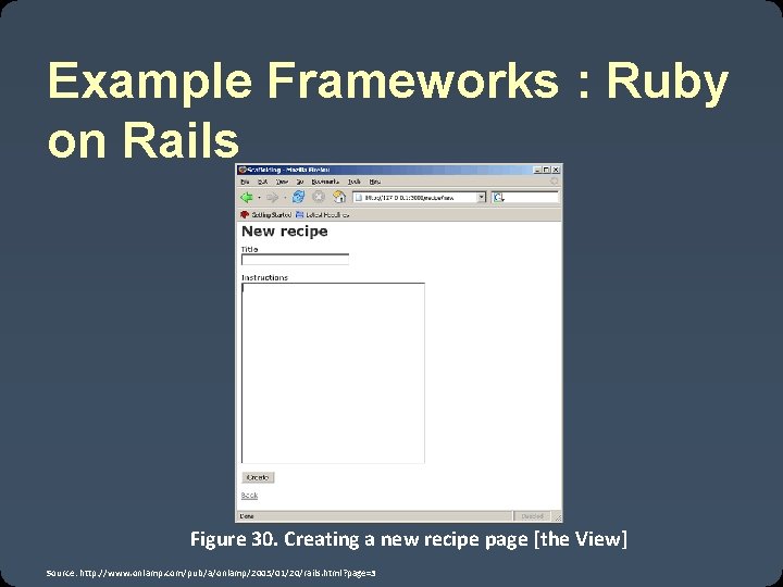 Example Frameworks : Ruby on Rails Figure 30. Creating a new recipe page [the