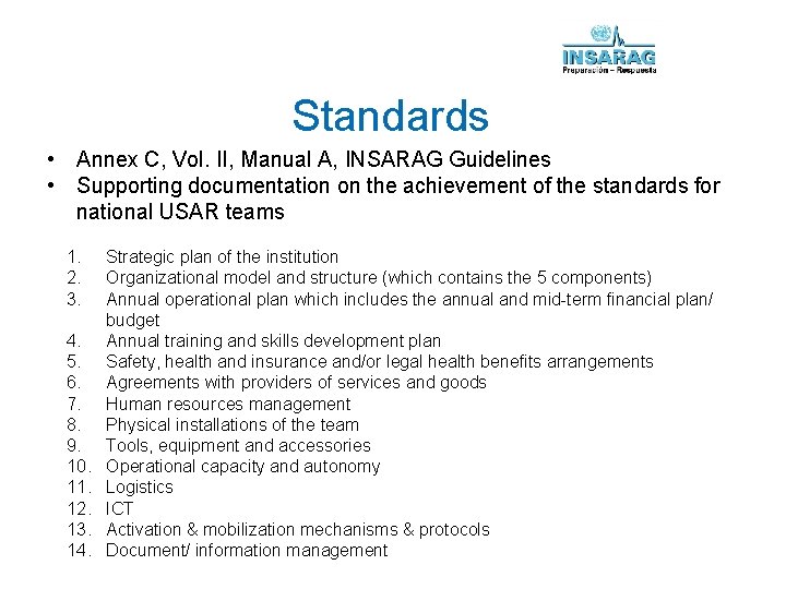 Standards • Annex C, Vol. II, Manual A, INSARAG Guidelines • Supporting documentation on