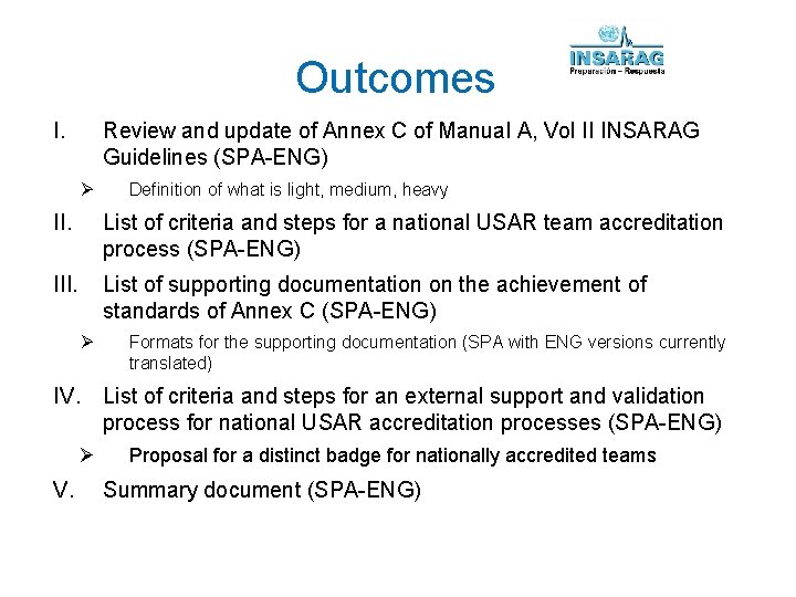Outcomes I. Review and update of Annex C of Manual A, Vol II INSARAG