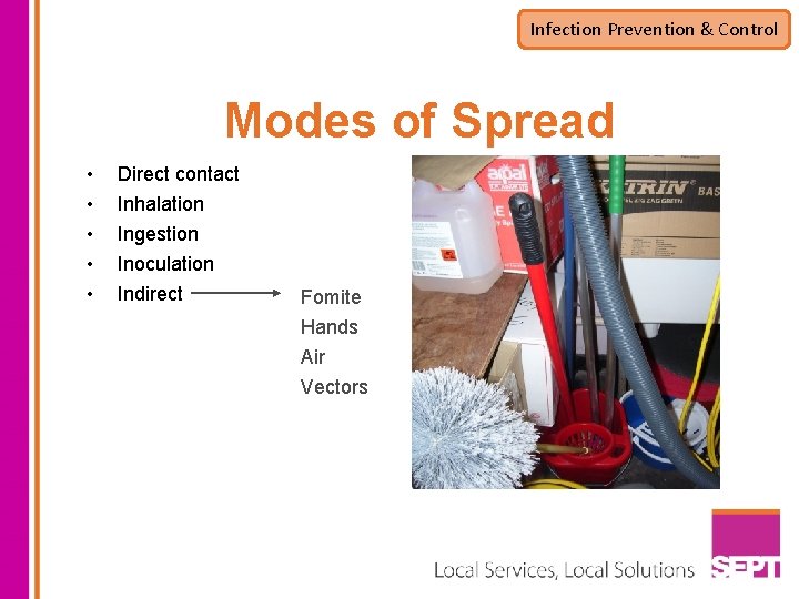 Infection Prevention & Control Modes of Spread • • • Direct contact Inhalation Ingestion