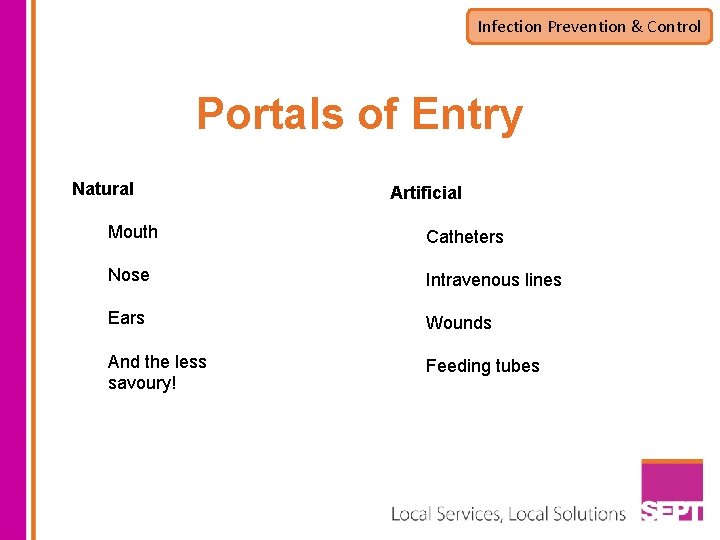 Infection Prevention & Control Portals of Entry Natural Artificial Mouth Catheters Nose Intravenous lines