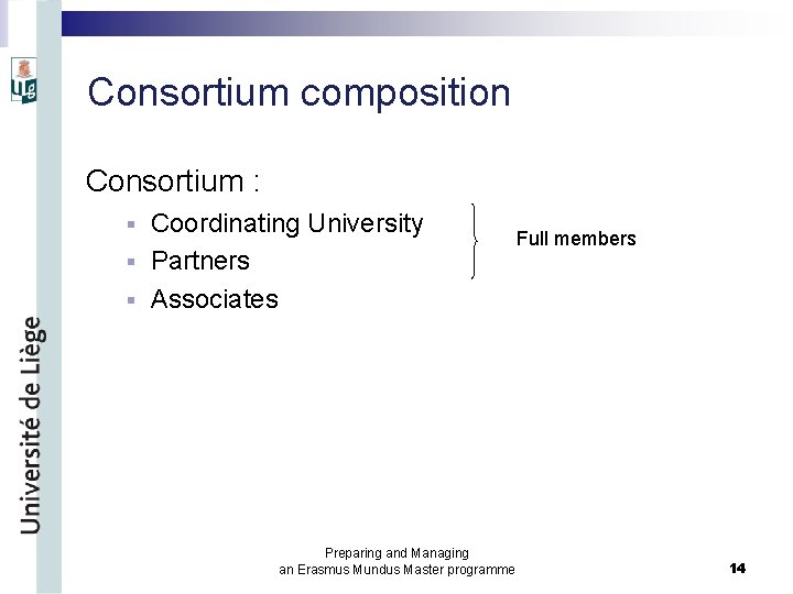 Consortium composition Consortium : Coordinating University § Partners § Associates § Preparing and Managing