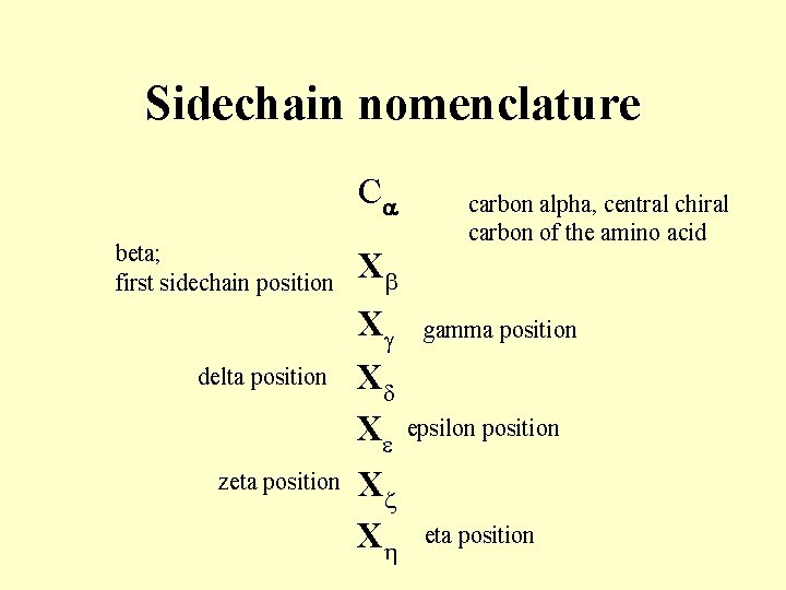 Sidechain nomenclature Ca beta; first sidechain position X delta position Xg Xd Xe zeta