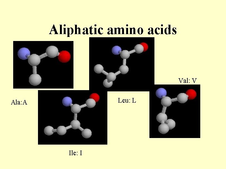 Aliphatic amino acids Val: V Leu: L Ala: A Ile: I 