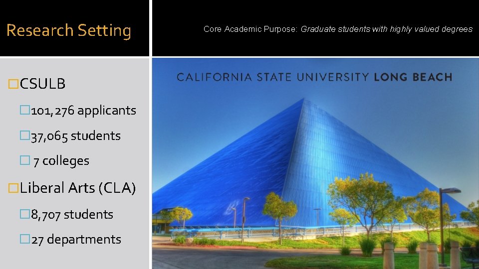 Research Setting �CSULB � 101, 276 applicants � 37, 065 students � 7 colleges