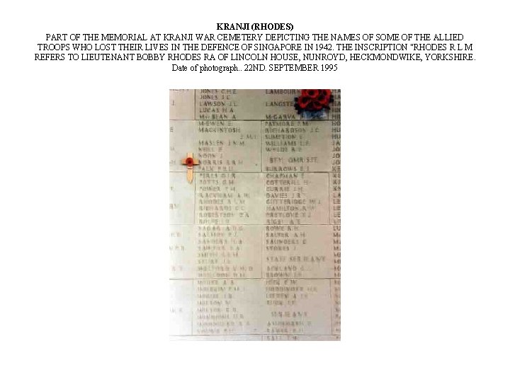KRANJI (RHODES) PART OF THE MEMORIAL AT KRANJI WAR CEMETERY DEPICTING THE NAMES OF