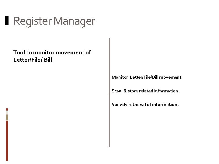 Register Manager Tool to monitor movement of Letter/File/ Bill Monitor Letter/File/Bill movement Scan &