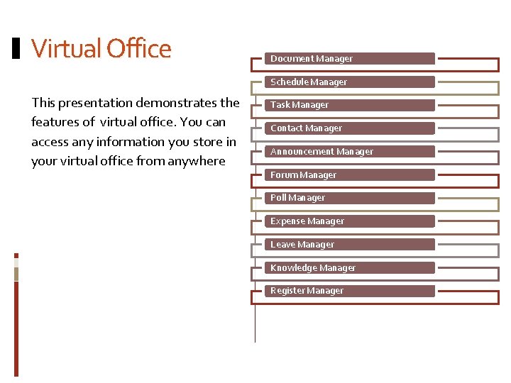 Virtual Office Document Manager Schedule Manager This presentation demonstrates the features of virtual office.
