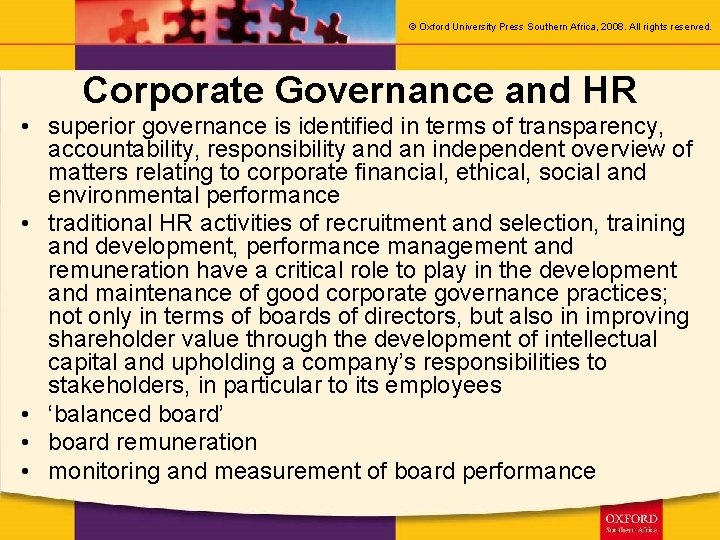 © Oxford University Press Southern Africa, 2008. All rights reserved. Corporate Governance and HR