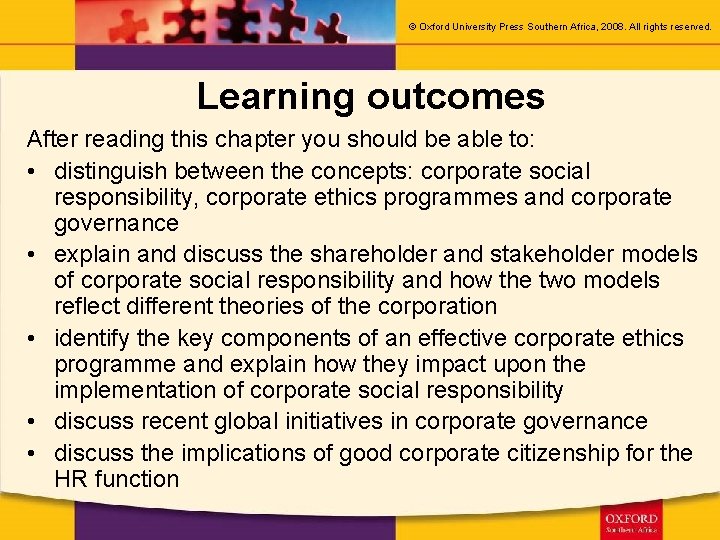 © Oxford University Press Southern Africa, 2008. All rights reserved. Learning outcomes After reading