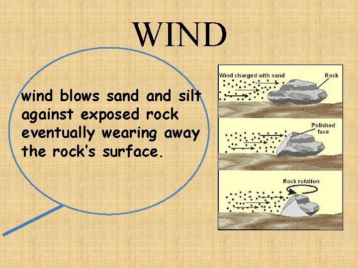 WIND wind blows sand silt against exposed rock eventually wearing away the rock’s surface.