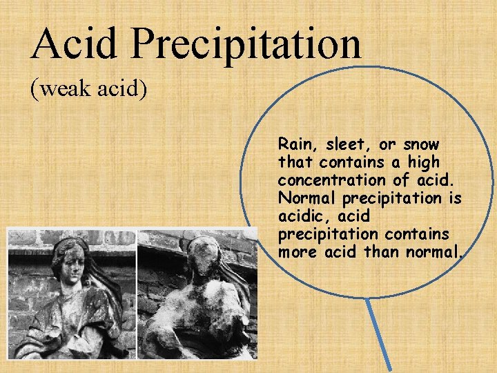 Acid Precipitation (weak acid) Rain, sleet, or snow that contains a high concentration of