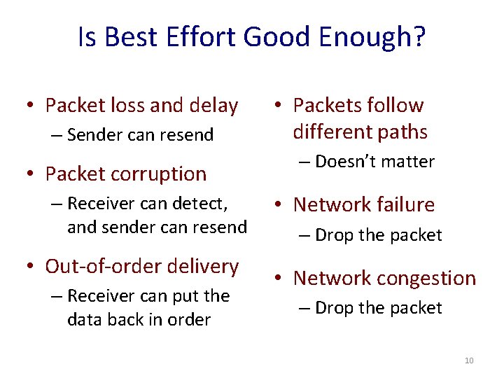Is Best Effort Good Enough? • Packet loss and delay – Sender can resend