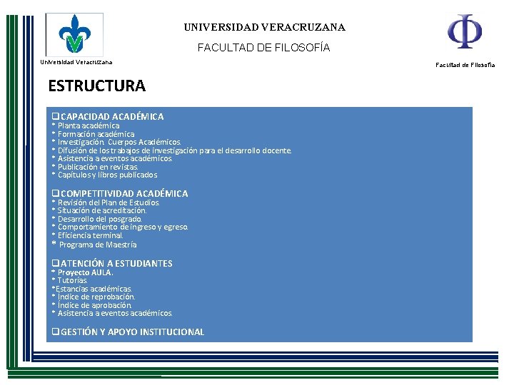 UNIVERSIDAD VERACRUZANA FACULTAD DE FILOSOFÍA Universidad Veracruzana ESTRUCTURA q. CAPACIDAD ACADÉMICA * Planta académica.