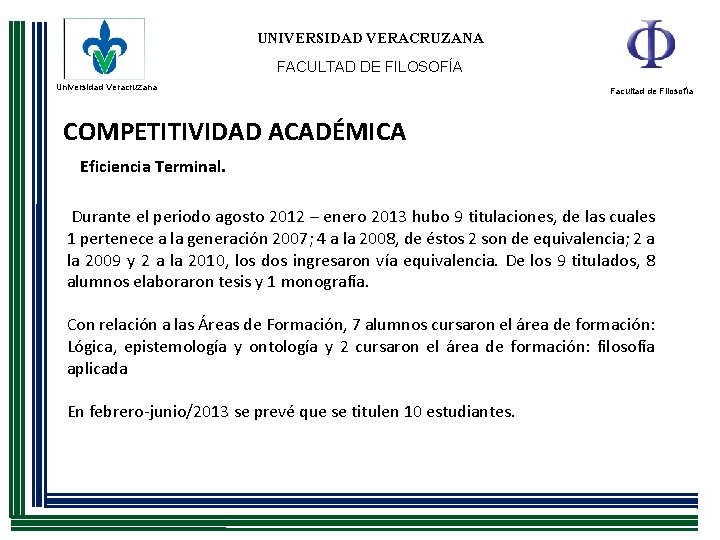 UNIVERSIDAD VERACRUZANA FACULTAD DE FILOSOFÍA Universidad Veracruzana Facultad de Filosofía COMPETITIVIDAD ACADÉMICA Eficiencia Terminal.